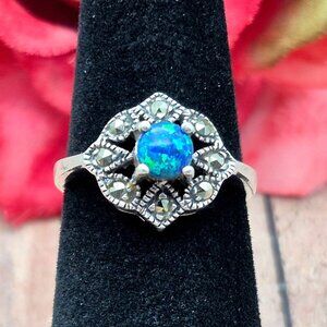 Vintage Marsala Sterling Silver 925 Blue Opal & Marcasite Ring 925 Size 6.5 3.5g